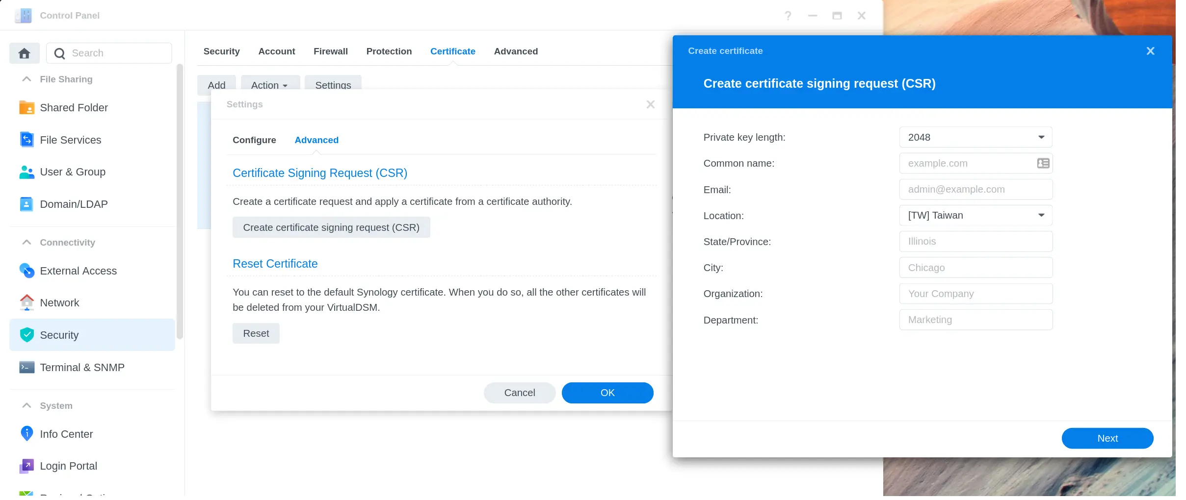 synology - CSR Creation Wizard dialog