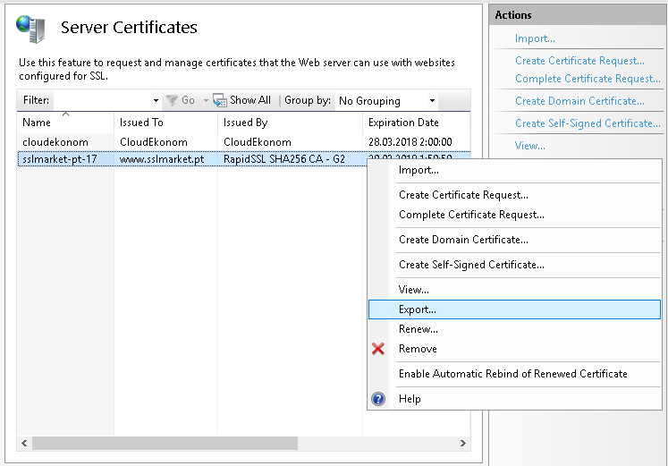 SSL tanúsítvány exportálása IIS