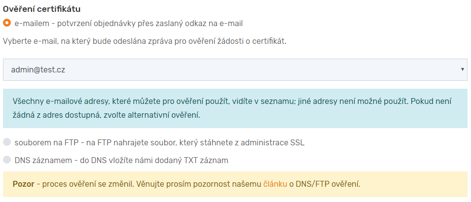 DV tanúsítvány alternatív hitelesítése a megrendelésnél DV tanúsítvány alternatív hitelesítése