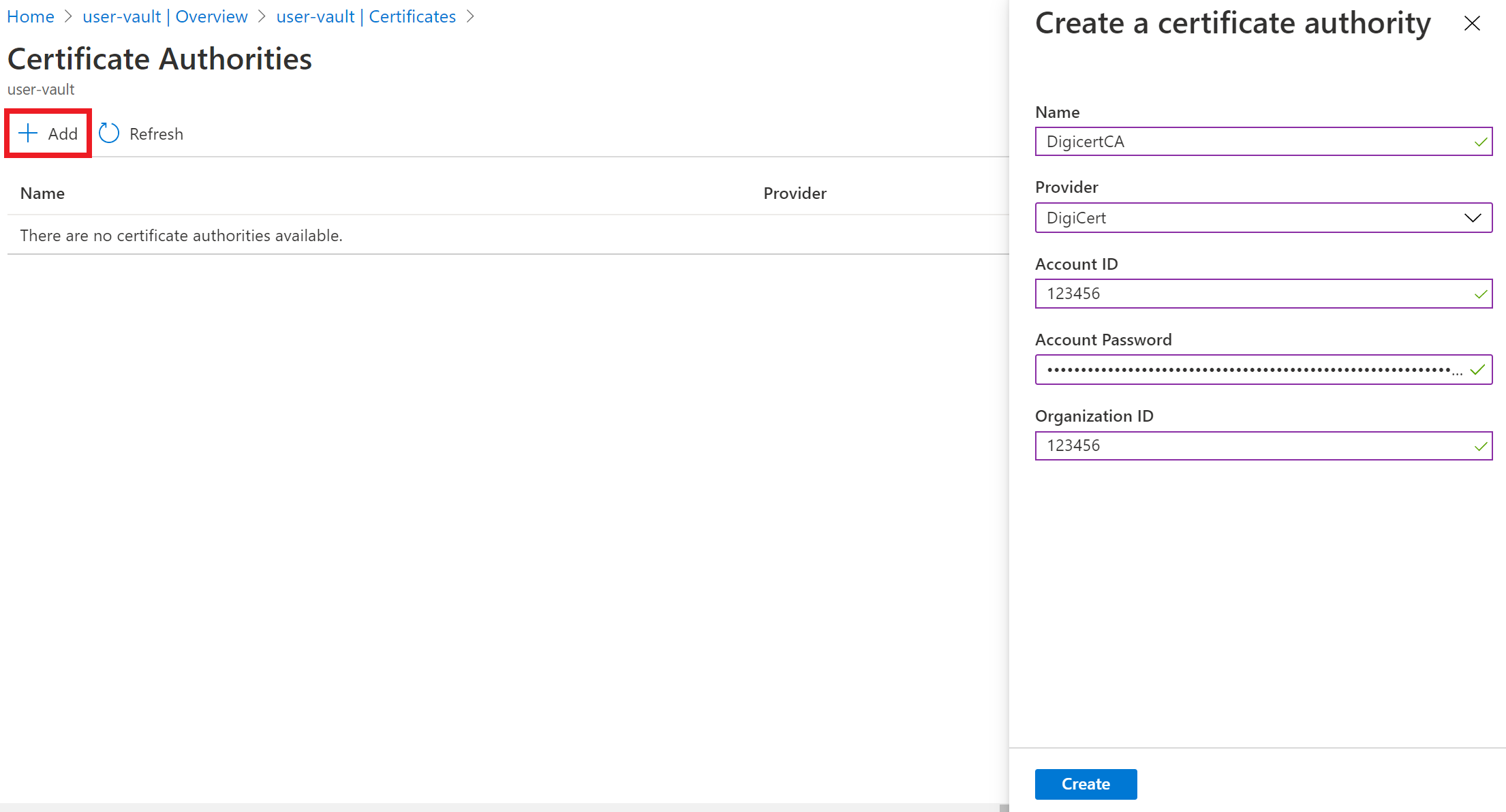 Azure Key Vault összekapcsolása a DigiCert CA-val