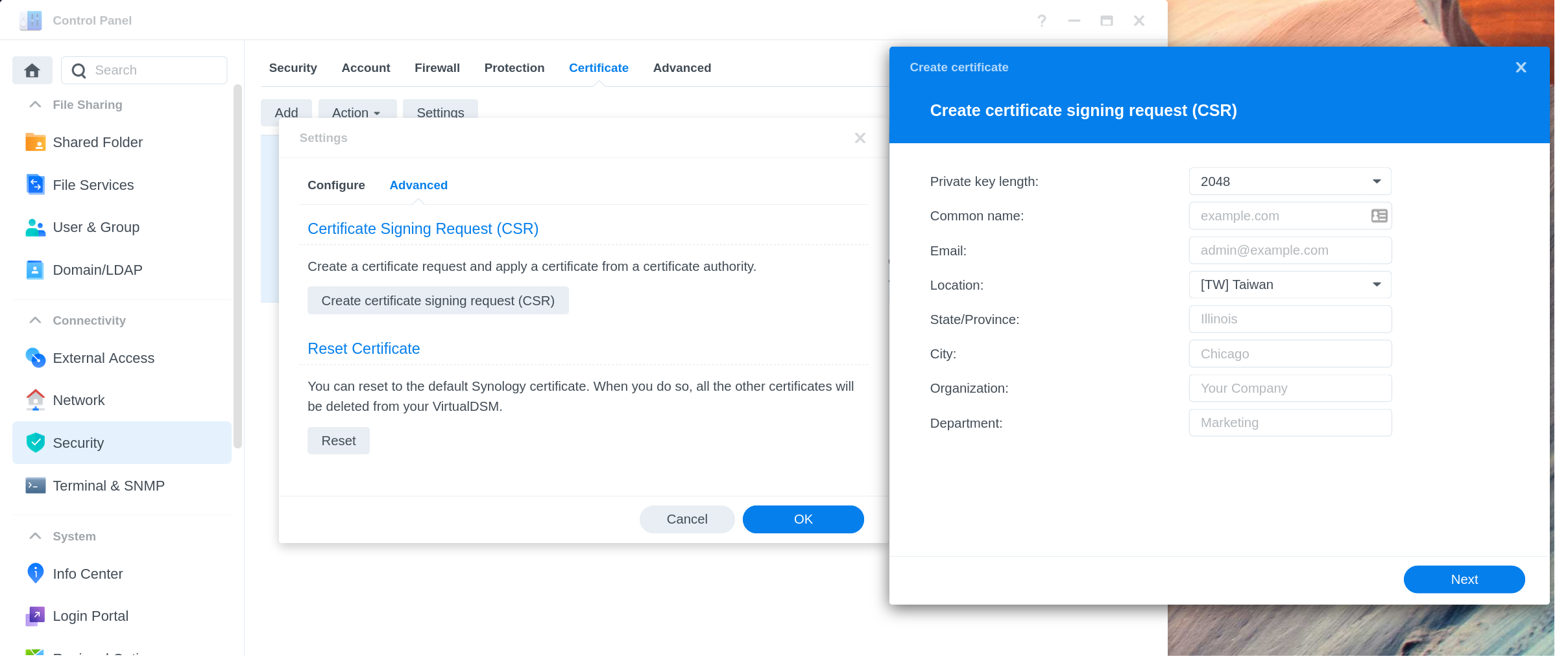 synology - CSR Creation Wizard dialog