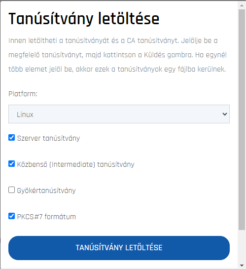 Tanúsítvány letöltése a megrendelés oldalának részleteinél