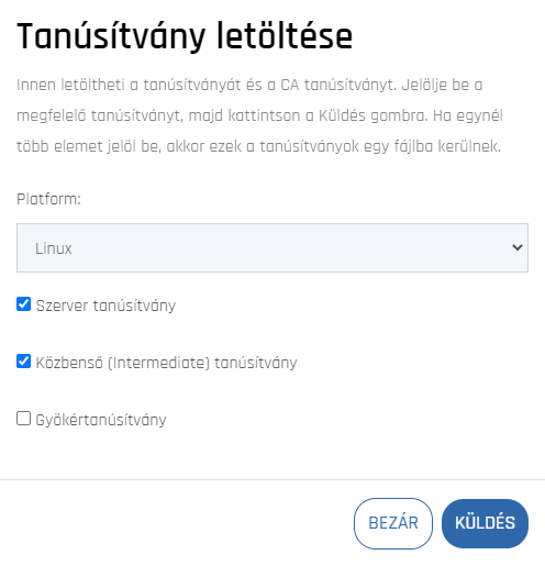 Tanúsítványok letöltésének lehetősége