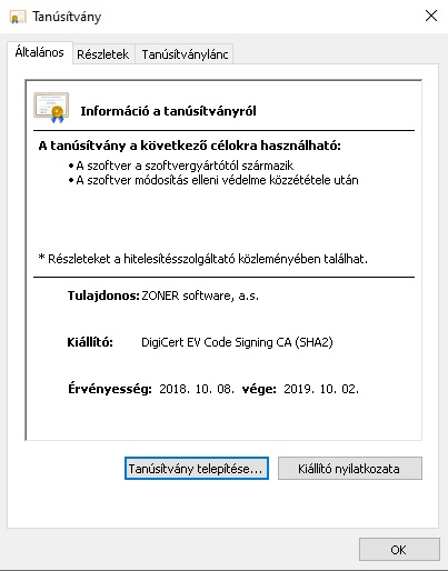 DigiCert Code Signing EV tanúsítvány részletei