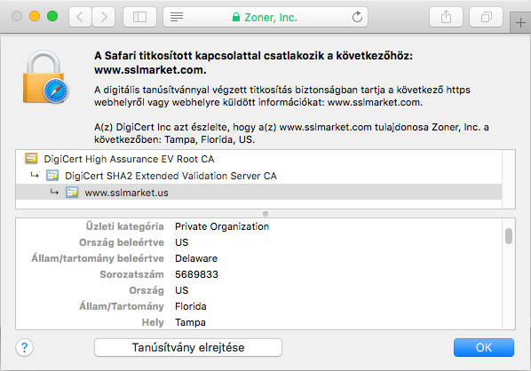 DigiCert Extended Validation SSL tanúsítvány megjelenítődése a böngésző címsorában