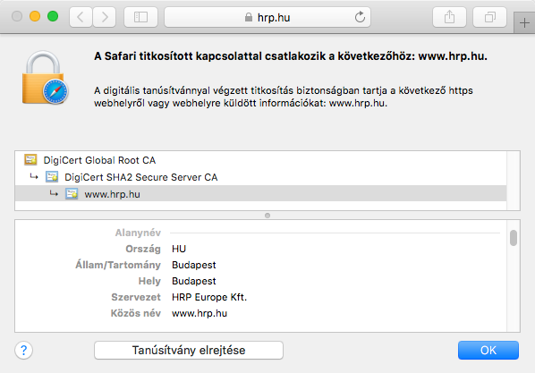 DigiCert Standard SSL tanúsítvány megjelenítése a böngésző címsávában
