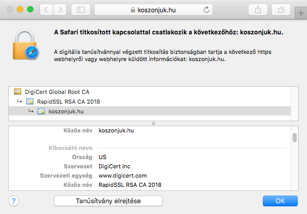 A RapidSSL tanúsítvány megjelenítése a böngésző címsávában