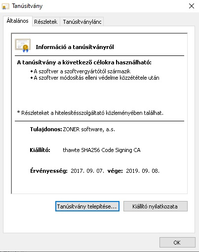 Thawte Code Signing tanúsítvány részletei Thawte Code Signing tanúsítvány részletei