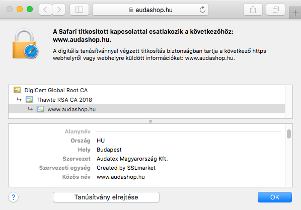 Thawte Web Server tanúsítvány megjelenítése a böngésző címsávában